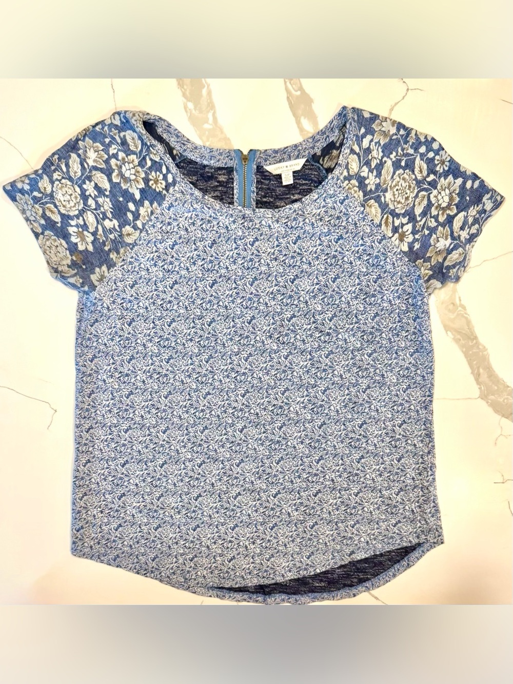 Lucky Brand Blue Floral Mixed-Pattern Short Sleeve Top